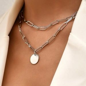 18K White Gold Layered Paperclip Chain Link w/Disc Necklace